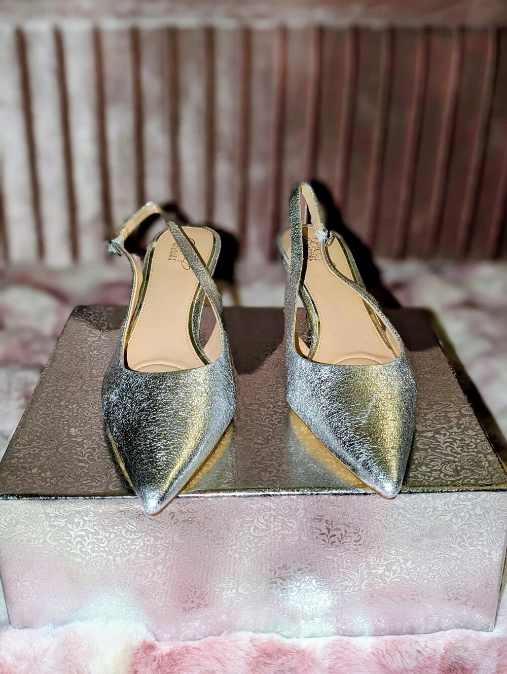 Jewel Badgley Mischka silver metallic slingback heels 10 nwot - Picture 2 of 8